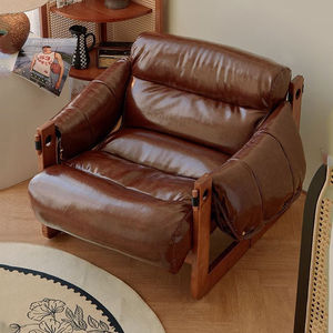 Fauteuil en cuir de style rétro italien, cuir ciré à l'huile, fauteuil simple pour salon, rembourrage en mousse - Product Image 4