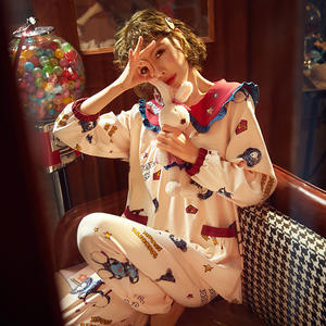 Spring and Autumn Cotton Pajamas Women's Long Sleeve Thin Two-Piece Set Lace Large Lapel Knitted Fairy Home <strong>Clothing</strong> OEM - Product Image 4