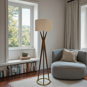 Walnut gỗ và <span class=keywords><strong>Brass</strong></span> Tripod Đèn sàn với bột yến mạch vải bóng râm cho phòng ngủ phòng khách đọc sách hoặc văn phòng sử dụng - Product Image 3