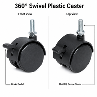 Roulettes en plastique silencieuses et durables, roues en PU, type plaque plate, pivotantes à 360 degrés avec verrouillage et protections filetées pour présentoirs, étagères et supports.
