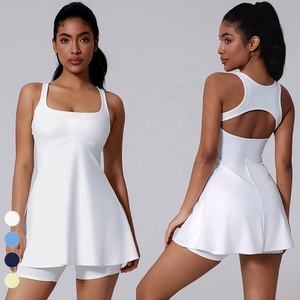 Gaun tenis punggung berongga wanita, baju pakaian bola Golf tanpa lengan leher persegi dengan bantalan dapat dilepas dan celana pendek bersaku persegi - Product Image 3