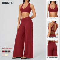 Ensemble 2 pièces sans dos pour femme : Soutien-gorge de sport rembourré à col halter et pantalon évasé taille haute, effet push-up, anti-transpiration, tenue de sport
