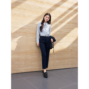 <b>White</b> Long Sleeve Blouse With Ribbon Tie Office Shirt Solid Color Polyester Women's Top - Product Image 4