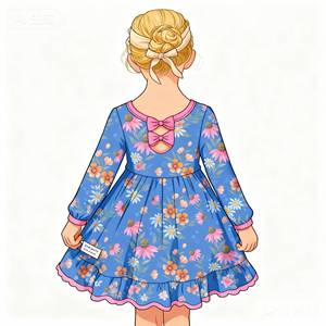 Vestito per Bambina con Stampa a Foglie e Maniche Lunghe in Seta di Latte con Fiocco sul Retro e Tulle - Product Image 1