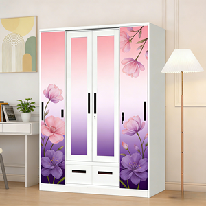 Sturdy Durable Modern 4-Door Steel Printed Lockable <strong>Wardrobe</strong> <strong>with</strong> 2 <strong>Mirrors</strong> 2 Drawers Hanging Rail for Bedroom Organization - Product Image 1