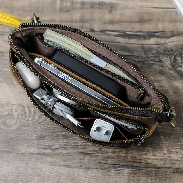 Hot Crazy Horse Leather Tech Pouch Travel Electronics Cable Organizer Bag Zippered Digital Accessory Storage Bag