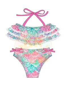 Summer Custom Baby Boutique Swimwear Child Print Beach Wear Toddler Girls Lace Ruffle Halterneck Swimsuit Kids Bikini Swimsuit