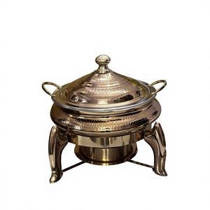 Plato de frotamiento de Metal con acabado dorado martillado con tapa, calentador de alimentos para Buffet, plato de frotamiento de latón redondo, servidor de Buffet, equipo de catering - Product Image 1