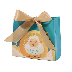 Bolsa de regalo de papel Eid, cajas de embalaje de galletas de chocolate caramelo con cintas para suministros de fiesta Eid Al-Adha