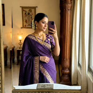 Women’s Premium Viscose <b>Saree</b> – Temple Border & Checkered Design with Meena Work Blouse - Product Image 1