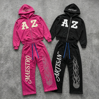 Survêtement vintage imprimé en molleton bouclette pour couples, avec motif de flamme brodé en strass sur la jambe, comprenant un sweat à capuche court zippé et un pantalon de survêtement assorti
