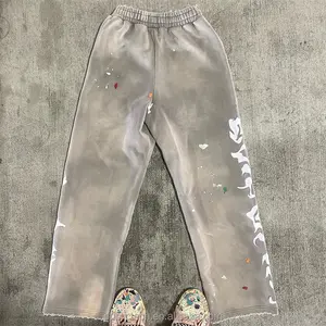Pantalones de chándal de pierna recta, ropa de calle personalizada, 100% de algodón, estampado Vintage de felpa francesa, pantalones de chándal desgastados con lavado ácido para hombres - Product Image 2