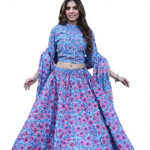 Lehenga Choli Reversible Estampado a Mano 100% Algodón con Dupatta, Vestido para Bodas, Fiestas y Festivales, Ropa de Mujer - Product Image 1