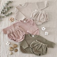 Ensemble de vêtements pour bébé en tricot gaufré, 95% coton, 5% élasthanne, haut à manches longues et bloomers pour tout-petits, tenue 2 pièces, 73-100 cm