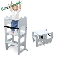 Tour d'apprentissage pliable et polyvalente Tour d'apprentissage en bambou naturel 3 en 1 Tour d'apprentissage pour tout-petits Ensemble de table et de chaises convertibles