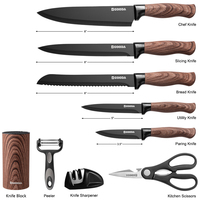 Ensemble de 9 couteaux de cuisine avec bloc, couteau de chef, couteau à pain, couteau utilitaire, éplucheur et ciseaux de cuisine pour la cuisine à domicile, revêtement antiadhésif