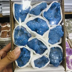 Bulk high quality natural crystal angel aura druzy agate geode cluster with box sky blue color agate folk crafts