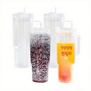 Vaso Acrílico Personalizado con Logotipo de 40 Oz, con Asa y Pajita, Preperforado, Doble Pared, Antiderrames, Transparente, para Manualidades con Purpurina y Globos de Nieve - Product Image 1