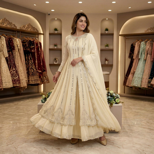 Elegant Cream Georgette Floor-Length Anarkali <b>Suit</b> With Embroidery <b>For</b> <b>Women</b> Wedding Wear India Pakistan Style Loose Fit - Product Image 1