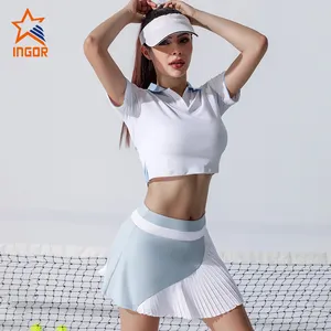 school girl skating tennis sports crop shirt plaid tennis shirts yoga white pleated tennis crop collar shirt