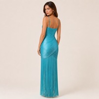 Robe longue élégante pour femme, bleu clair, sexy, à bretelles, col carré, sans manches, à franges, pour soirée
