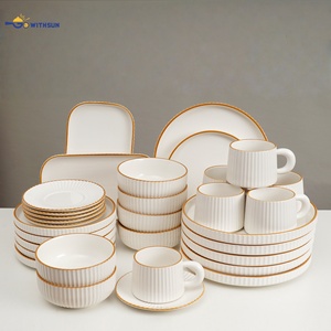 Luxury Wholesale Mid Asian 32Pcs Edge Gold Rimmed Ceramic Dinnerware Tableware Embossed Porcelain <strong>White</strong> <strong>Dinner</strong> Plate Bowl <strong>Sets</strong> - Product Image 5