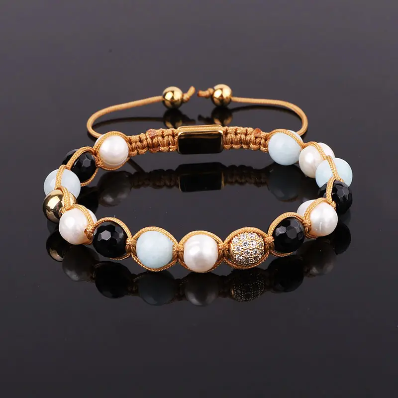 New Fashion 8mm Natural Stone Jewelry Jade Onyx Freshwater Pearl Custom Logo Macrame Braided Women Friendship Bracelet