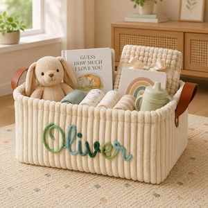 Cesta de Regalo Plegable Personalizada para Bebé, Apliques Bordados, Nombre Personalizado, Cesta de Almacenamiento de Pana, Regalo para Recién Nacido, Niño o Niña - Product Image 1