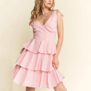 Mini abito estivo rosa a quadretti al ginocchio vestito a strati <span class=keywords><strong>da</strong></span> giardino per feste - Product Image 2