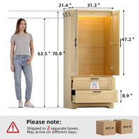 Armoire avec tiroirs, éclairage à détecteur de mouvement et crochets latéraux, armoire à vêtements en bois pour chambre à coucher