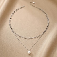 Collar de Cadena con Clip de Doble Capa y Colgante de Perla, Acero Inoxidable 316L, Oro 18K PVD, Hipoalergénico para Mujer