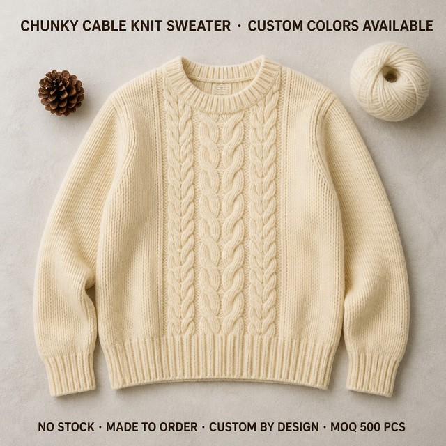 Winter Korean OEM Crew Neck Chunky Cable Knit Sweater for Cropped Long Sleeve Pullover Custom Design