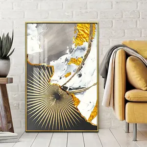 Pintura abstrata moderna para parede, decoração de sala de estar, folhas de ouro e preto, imagem, arte em parede com vidro acrílico