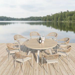 ชุดโต๊ะรับประทานอาหารกลางแจ้งแบบกำหนดเองสำหรับ 8 คน พร้อมเก้าอี้เชือกถักกันน้ำ โต๊ะอะลูมิเนียมแข็งแรง สำหรับใช้ในโรงแรมและบ้านพักตากอากาศ - Product Image 1