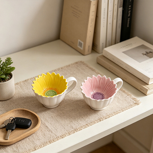 Redeco Skulpturierte Blütenblatt-Keramik-Teetasse mit 3D-Blumenrand, Gelb-Rosa Innen, Handgefertigt, Geburtstagsgeschenk für Sie - Product Image 3