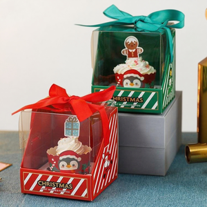 Boîte cadeau individuelle pour cupcake de Noël, fenêtre transparente, design rayé, carton recyclé, impression quadricolore, motif <span class=keywords><strong>pingouin</strong></span>, attache ruban - Product Image 1