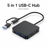 Hub USB 5 en 1 con 3x USB-A 3.0, 2x USB-C 3.0 (5Gbps), Alimentación 5V/4A, Carcasa de ABS, Adaptador Portátil - En Stock