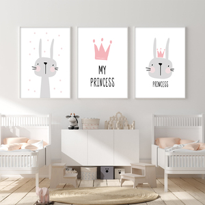 Tranh in áp phích hoạt hình màu hồng cho phòng trẻ em, hình thỏ đội vương miện, tranh vẽ hiện đại trên vải bố, tranh treo tường cho bé, tranh tường nghệ thuật trẻ em - Product Image 2