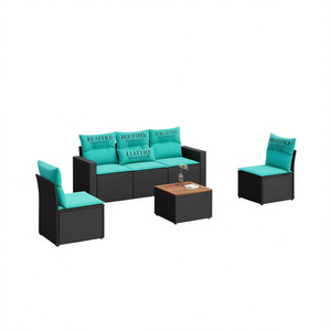 ชุดโซฟาหวายสังเคราะห์สีดำพร้อมเบาะรองนั่ง เฟอร์นิเจอร์กลางแจ้ง สำหรับ 6 ที่นั่ง ดีไซน์ร่วมสมัยทันสมัย - Product Image 1