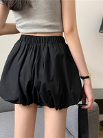 Shorts lanternes noirs taille haute pour femme, taille élastique, coupe bouffante, style décontracté streetwear d'été
