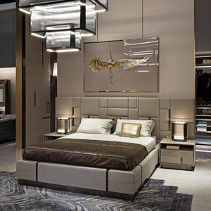 Letto Matrimoniale di Lusso Italiano con Testiera in Vera Pelle, Moderno e Imbottito, Salvaspazio, Set di Arredamento Personalizzabile per Camera da Letto e Villa - Product Image 3