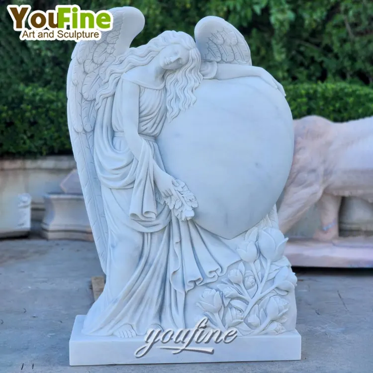 Custom Hand Carved White Marble Angel Tombstone Headstone Memorial with Slab