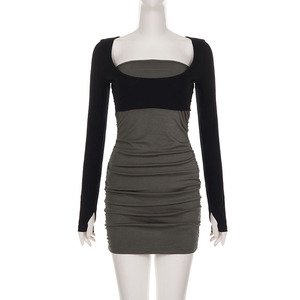 Vestido europeo vintage de cuello cuadrado, con efecto de capas, en contraste de color, entallado, fruncido en la cadera, sensual, sexy y favorecedor. - Product Image 6