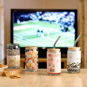 USA Warehouse Free Shipping Products Vinyl Print 16 Oz 480ml Can Shape Glass Tumbler Cup with <b>Bamboo</b> Lid and Glass <b>Straw</b> - Product Image 3