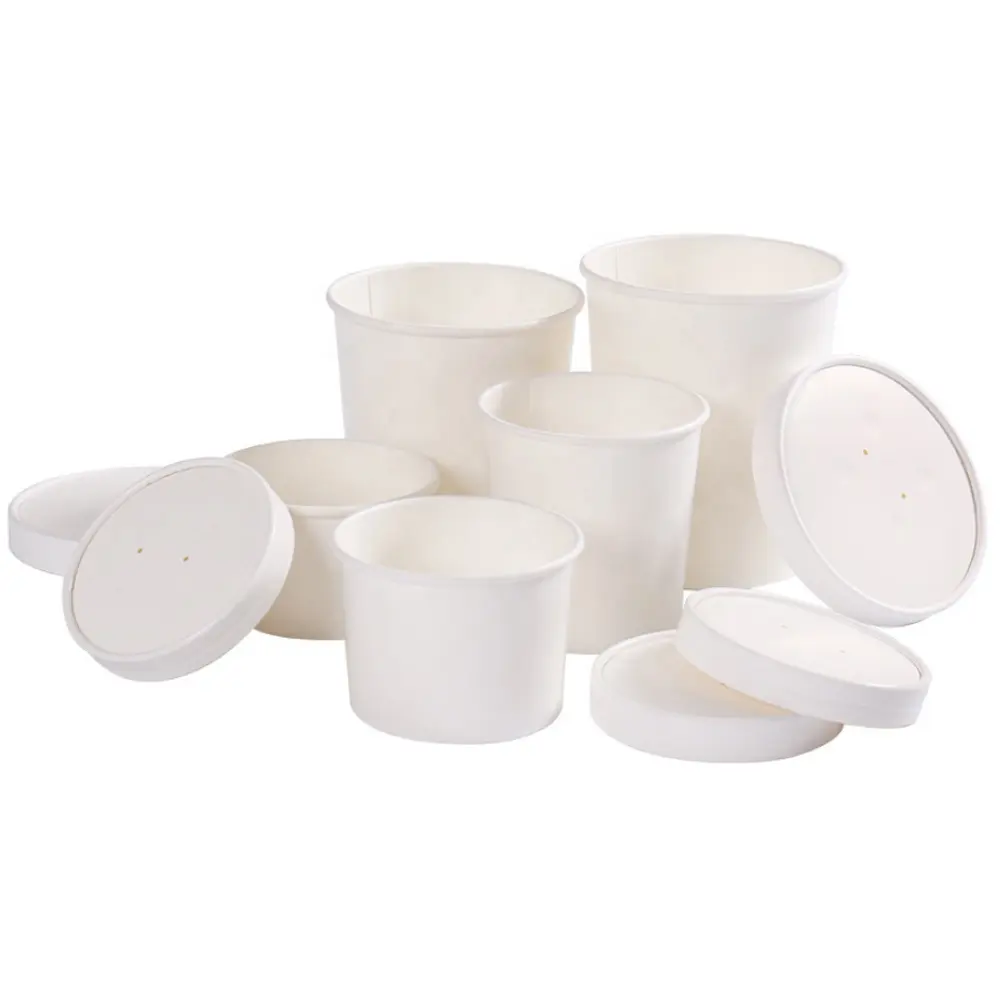 Tigela de sopa com tampa de papel para embalagem de papel kraft branco, comida para salada de sorvete biodegradável descartável Eco Friend