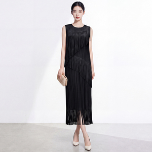 Fashion Women's Eco-Friendly Pleated Tassel Solid Ruched Natural Waist Short Sleeve Asymmetric Elegant Casual Vintage Midi <b>Dress</b> - Product Image 4