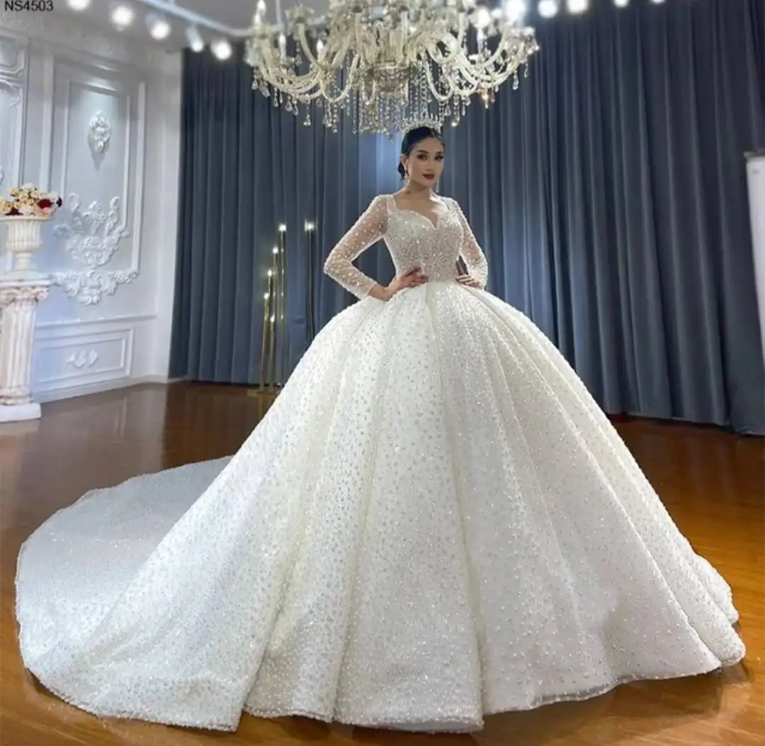 Luxury wedding ball gowns long sleeves V open back Heavy-beaded crystal bridal dress