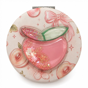Miroir de poche compact mignon en forme de pêche, double face, avec paillettes liquides 3D, décoratif, portable, rond, pour le maquillage, idéal pour les voyages et comme cadeau - Product Image 2
