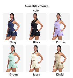 XW-7084 + 7083ノースリーブVネックジムトップスアスレチックプリーツテニススカートフィットネススポーツウェア<span class=keywords><strong>2</strong></span>ピースセット女性 - Product Image 5