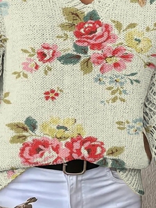 Vintage bloementrui voor dames, crèmewitte rozenprint, gebreide V-hals, gehaakte mouw, ontspannen trui, romantisch lente-herfst chic - Product Image 4